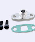 Up Your Game With This AN10 Turbo Oil Drain Flange Adapter Kit Built From Solid T6061 Aluminum CNC Machined Perfect For GT28 T25 T30 And T35 Engines It Comes Loaded With M8 Bolts And Lasting Gasket Set For Serious Swag And Total Engine Protection You, top view with bolts and gasket