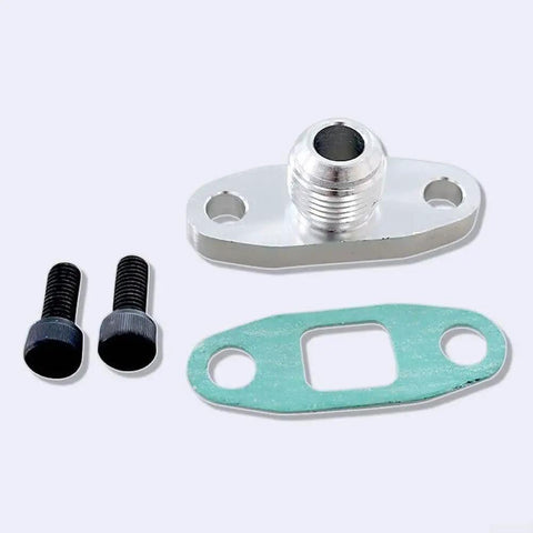 Up Your Game With This AN10 Turbo Oil Drain Flange Adapter Kit Built From Solid T6061 Aluminum CNC Machined Perfect For GT28 T25 T30 And T35 Engines It Comes Loaded With M8 Bolts And Lasting Gasket Set For Serious Swag And Total Engine Protection You, top view with bolts and gasket