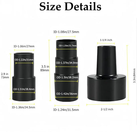 Universal Vacuum Hose Adapter For Wet Dry Vacuum Cleaners Converts 2-1/2 To 1-1/4 Inch, sizes and dimensions shown