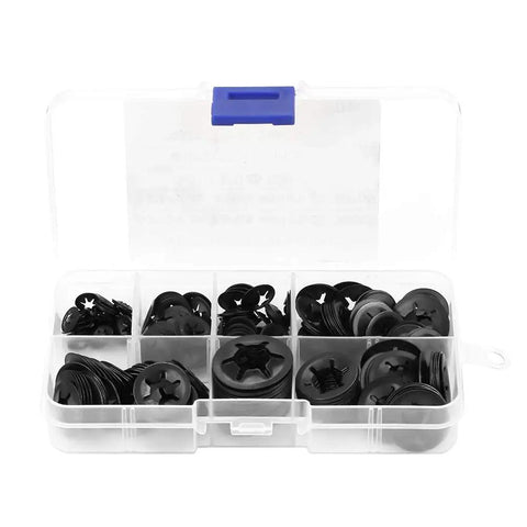 260Pcs Manganese Steel Lock Washers Set With Assorted Split Lock Washers For Mechanical Projects And DIY Repairs Durable 65 Mn Steel Heavy Duty Hardware Kit In Clear Plastic Storage Box, assorted black washers in clear case