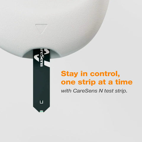 Close-up of CareSens N test strip being inserted into a glucose meter with text 'Stay in control, one strip at a time'.