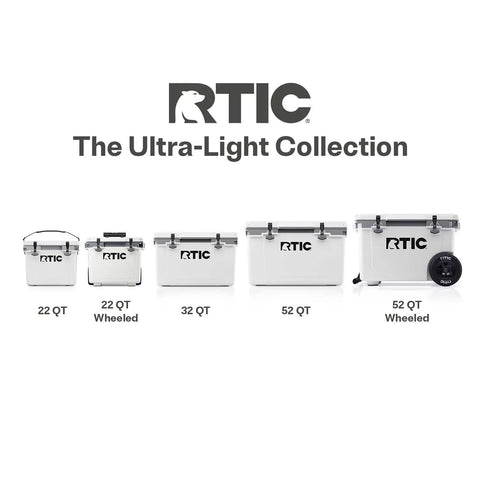 RTIC Ultra-Light cooler collection with 22 QT, 32 QT, and 52 QT options, featuring the 52 Quart Ultra Light Wheeled Cooler Insulated Ice Chest.