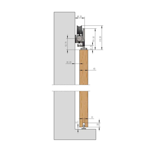 Diagram of Sliding Barn Door Track Kit In Stainless Steel With Top Mount Hardware, showing side installation view with measurements