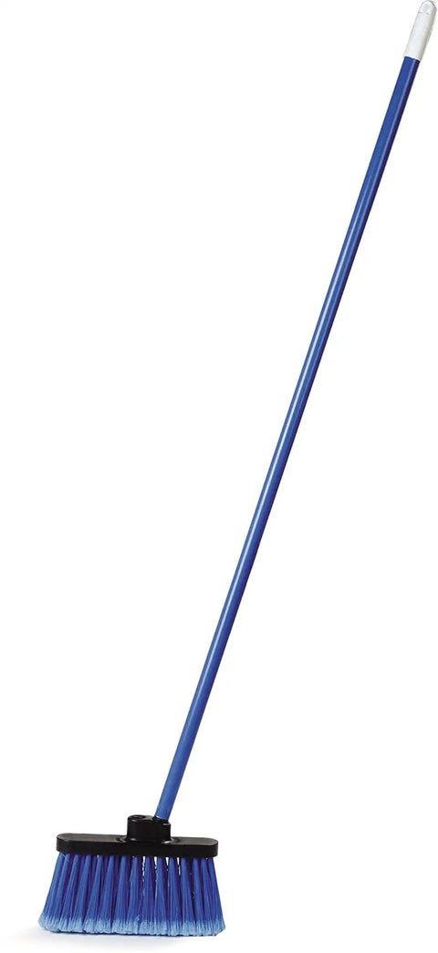Grab This Lightweight Flagged Industrial Lobby Broom With A Rock Solid Threaded Handle And Tough Synthetic Bristles To Tackle Messes Fast And Keep Your Facility Looking Slick Without Any Real Fuss, featuring a blue bristle head.