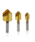 Pro Grade Countersink Drill Bit Set 3 Pack With Single Flute 90 Degree Chamfer Bits, titanium coated, various shank sizes