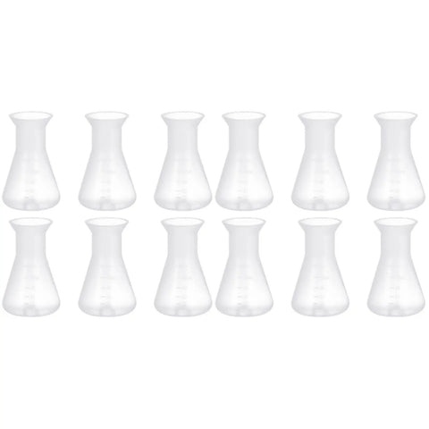 12 Pack Plastic Flask Set For Science Class, Wide Mouth Erlenmeyer Style Bottles, Triangular Cone Beakers With Graduated Milliliter Scales.