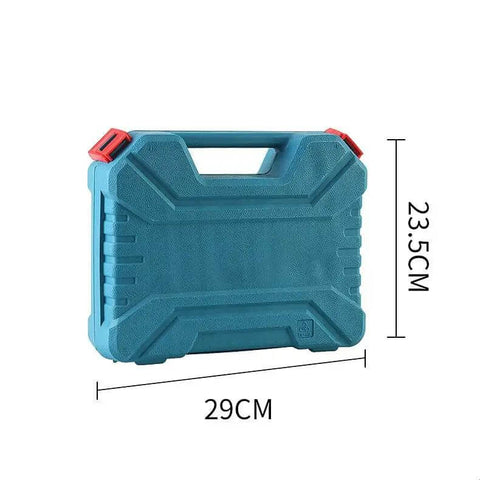 Heavy Duty 12V Rechargeable Drill Set Coupled With A Complete 25 Piece Electric Screwdriver Kit in a blue hard case measuring 29x23.5cm.