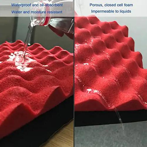 Pro Grade Fire Resistant Acoustic Foam Roll For Walls And Self Adhesive Soundproof Padding That Kicks Echo To The Curb While Leveling Up Your Vibe With Easy Peel Stick Setup For Studios And Home Theaters In Sleek Grey showing water resistance test on porous foam.