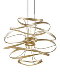 Chic Contemporary Two Light Led Pendant With Luxe Gold Leaf Finish And Polished Stainless Frame Hangs Forty Nine Inches Long, modern sculpture design.