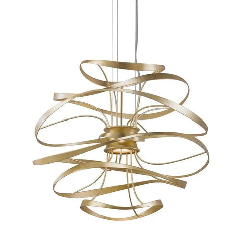 Chic Contemporary Two Light Led Pendant With Luxe Gold Leaf Finish And Polished Stainless Frame Hangs Forty Nine Inches Long, modern sculpture design.