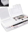 Top Tier Double Pack Phone Repair Module Organizer With Multi Size Compartment Storage Case For iPhone Micro Screws Motherboard IC Chips And Small Fasteners showing transparent double tray with organized phone repair parts.