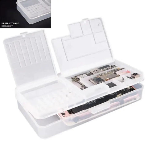 Top Tier Double Pack Phone Repair Module Organizer With Multi Size Compartment Storage Case For iPhone Micro Screws Motherboard IC Chips And Small Fasteners showing transparent double tray with organized phone repair parts.