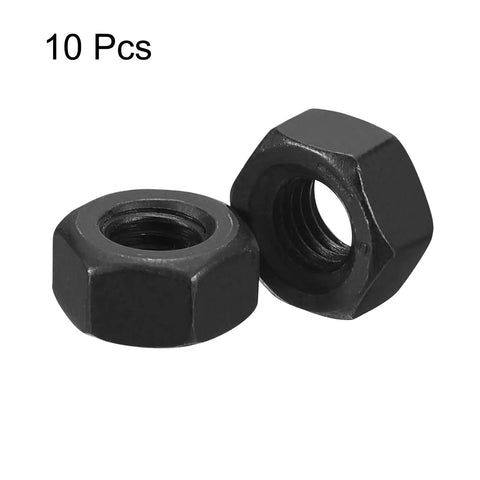 Heavy Duty 1/4 28 Unf Hex Nuts Forged From Carbon Steel Grade 8.8 With Black Oxide Coating For Solid Grip On Bolts And Auto Repair Built To Last Tough As Nails Garage Essentials Set Of Ten Pieces, two nuts on display.