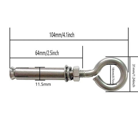 2 Pack M8 Stainless Steel Expansion Eyebolts Heavy Duty Beefy Shoulder Lag Ring Bolts with Nut, dimensions labeled, side view.