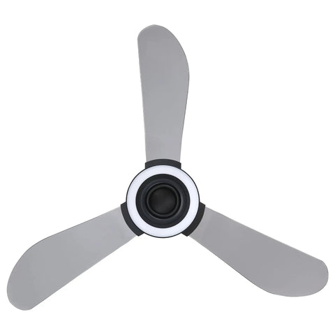 48 Inch Smart Ceiling Fans with Lights and Remote/ App, 2.1 Speaker System with three gray blades and integrated lighting.