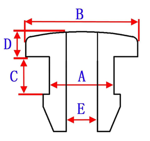 Diagram showing dimensions of Silicone Rubber Snap-On Grommets And Hole Plugs for Wire And Cable Protection, labeled A to E.