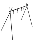 Portable Campfire Cooking Stand Tripod For BBQ Grill Aluminum Alloy Outdoor Camping Picnic Gear with hooks, side view.