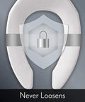 Elongated White Toilet Seat With 2 Inch Lift Raised Open Front For Easier Sitting Long Lasting Solid Plastic Commercial STA Tite Fastening System For Secure Snap Install displaying secure technology illustration