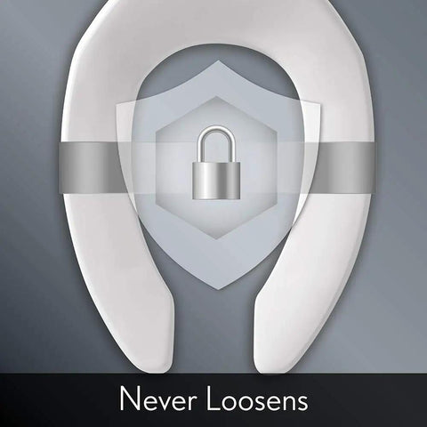 Elongated White Toilet Seat With 2 Inch Lift Raised Open Front For Easier Sitting Long Lasting Solid Plastic Commercial STA Tite Fastening System For Secure Snap Install displaying secure technology illustration