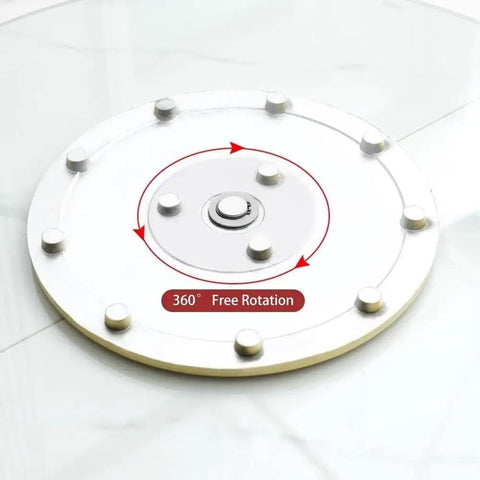 Round Glass Lazy Susan With Hella Sturdy Thickened Base For Dining Tables Heavy Duty Heat Resistant Serving Tray showing 360° rotating mechanism.