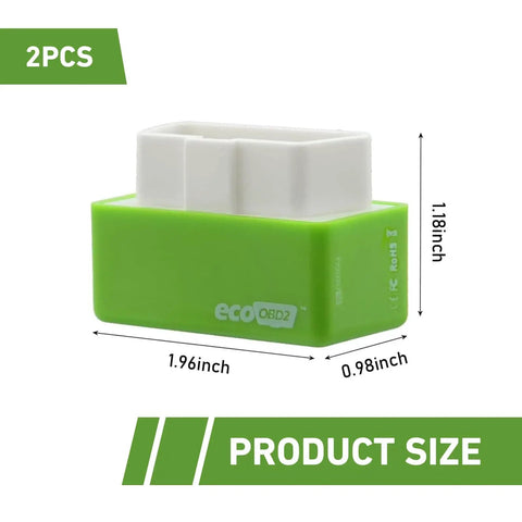 2 Pack OBD2 Fuel Saver Module For Most Cars Plug And Play Energy Optimizer That Talks To Your ECU To Fine Tune Fuel Injectors And Timing Boosting Gas Mileage Smoother Ride And Quicker Throttle Feel Green, showing product dimensions