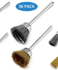 Wire brush polishing wheel set, brass and stainless steel, 36-pack for rotary tools (front view)