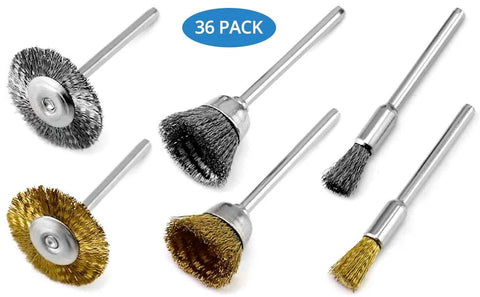Wire brush polishing wheel set, brass and stainless steel, 36-pack for rotary tools (front view)
