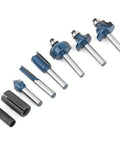 Top Tier Alloy Steel Router Bit Set With 8 Essential Pieces For Smooth Woodworking Milling And Precision Carving Tasks Using 1/4 Inch Shank Design. Eight alloy steel router bits with 1/4 inch shank.