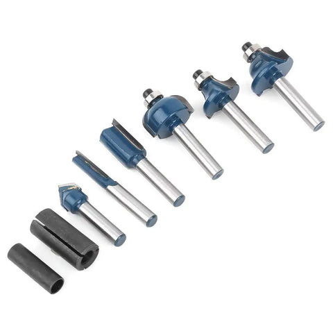 Top Tier Alloy Steel Router Bit Set With 8 Essential Pieces For Smooth Woodworking Milling And Precision Carving Tasks Using 1/4 Inch Shank Design. Eight alloy steel router bits with 1/4 inch shank.