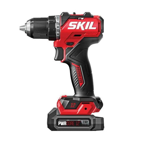 Power Core 12 Brushless 12V Compact Drill Driver and Impact Driver Kit with 2.0Ah Battery and PWR Jump Charger in red and black.