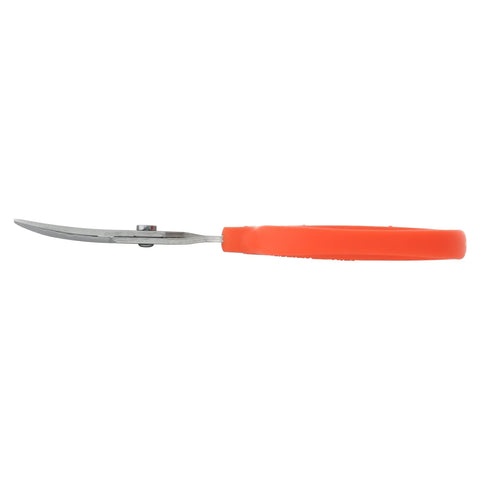 Side view of Pro Grade Curved Blade Garden Scissors in Stainless Steel with orange handle, handcrafted for precision pruning.