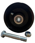 4-inch cast iron v-groove gate wheel with bolt and nut, ideal for sliding gates, 800 lb load capacity, black gloss powder coat finish.