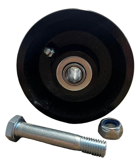 4-inch cast iron v-groove gate wheel with bolt and nut, ideal for sliding gates, 800 lb load capacity, black gloss powder coat finish.