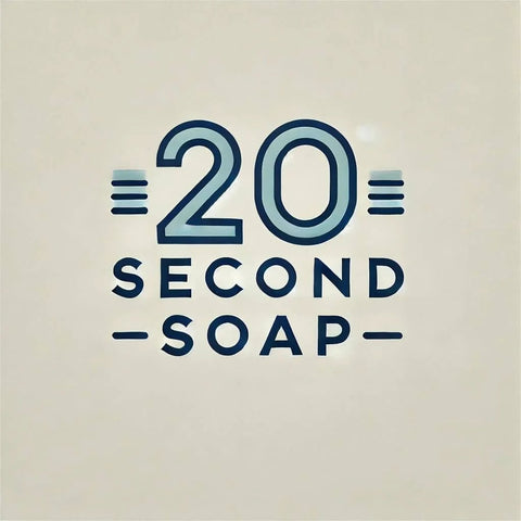 Logo with text '20 Second Soap' on a beige background