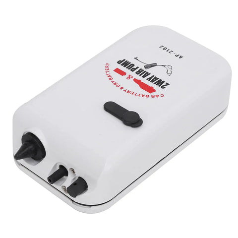 Battery-powered dual air pump for aquariums, white casing, model AF-2102, with connectors and power switch