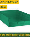 17.9" x 11.1" x 4" green plastic storage bin designed for the Shop Grade Heavy Duty 18 By 36 Inch Metal Wire Shelving Rack With 15 Slanted Plastic Bins.