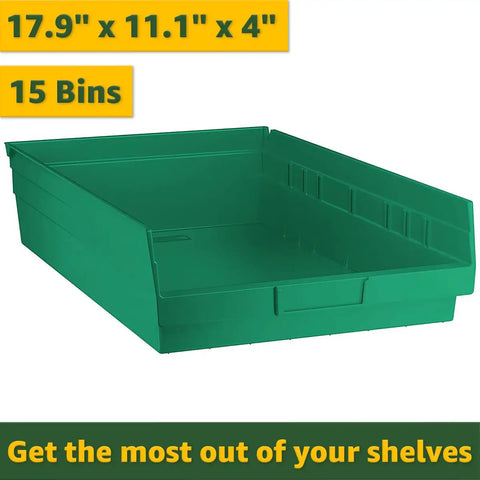 17.9" x 11.1" x 4" green plastic storage bin designed for the Shop Grade Heavy Duty 18 By 36 Inch Metal Wire Shelving Rack With 15 Slanted Plastic Bins.