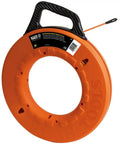 Professional Grade 200 Foot Non Conductive Fiberglass Fish Tape Featuring Multi Groove Low Friction Design And 500 Pound Pull Rating For Zero Stress Wiring Hustle in orange case with handle.