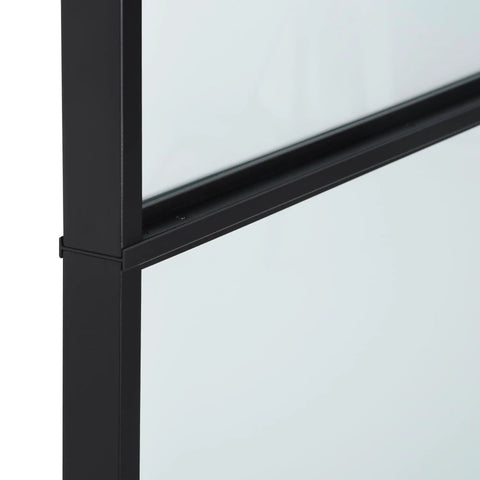 Close-up of Super Slick Frosted Privacy Glass Barn Door Hardware Kit with heavy-duty track and glass edge detail.