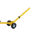 MagDolly One Man Lifting Tool with yellow frame and solid rubber wheels for heavy steel sheets, close-up on wheels and handle