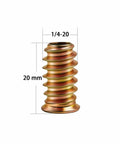 Close-up of 40 Pack 1 Quarter Inch 20 Threaded Inserts For Wood With Hex Drive using 1/4-20 thread, 20mm length, zinc-plated steel
