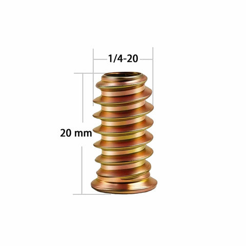 Close-up of 40 Pack 1 Quarter Inch 20 Threaded Inserts For Wood With Hex Drive using 1/4-20 thread, 20mm length, zinc-plated steel