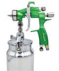 Professional Grade Built Tough Bottom Feed Paint Spray Gun With One Liter Cup And 1.7 Mm Nozzle For Slick Auto Bodywork And Furniture Topcoats Knockout Finish Pneumatic Air Tool, close-up view showing green handle and shiny cup.