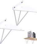 Dope Heavy Duty Triangle Shelf Brackets, Badass Wall Mount Floating Support, Industrial Corner Hardware For Bookshelves And Home Decor, 2 Pack Gold White Finish, white triangular brackets mounted on walls.