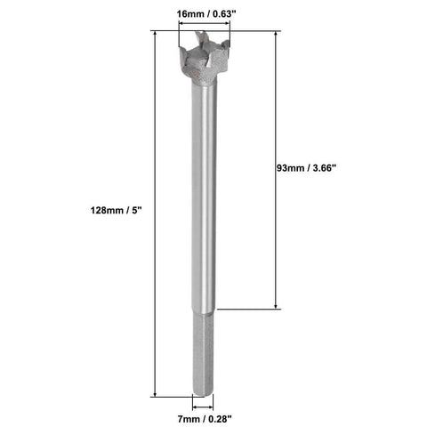 uxcell 16mm Forstner drill bit with tungsten carbide, gray wood hinge hole cutter, front view