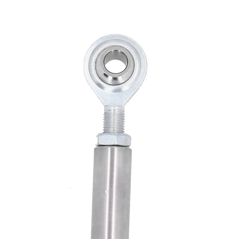 Adjustable Alternator Tension Rod And Bracket For SBC Small Block, Eight And A Half Inch Long, Three Eighths Inch Heim Joint, Center Distance Ten To Twelve Inches, Twelve Inch Tension Rod, No Fuss Fit For Chevy, stainless steel rod close-up
