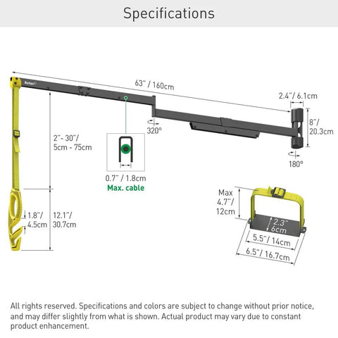 Heavy Duty EV Charging Cable Wall Mount Retractor Arm With Badass Weatherproof Zinc Coating For Indoor Outdoor Electric Vehicle Cord Management and clean safe driveway setup specifications diagram.