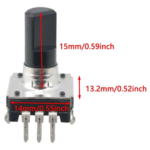 EC12 Rotary Encoder 24 Pulse 360 Degree Digital Pulse Encoder Without Switch 6mm Shaft Diameter And 15mm Shaft Length Type D 5V Supply 10mA Max Great For Robotics Camera Lenses CNC Computers And Input Devices with dimensions labeled on a white background