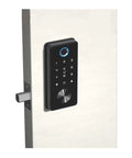 Zero Stress Fingerprint Smart Lock For Front Door With Touchscreen Electronic Deadbolt And App Control Keyless Entry For House Or Office, mounted on a door with a keypad.
