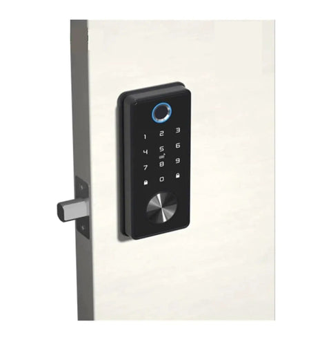 Zero Stress Fingerprint Smart Lock For Front Door With Touchscreen Electronic Deadbolt And App Control Keyless Entry For House Or Office, mounted on a door with a keypad.